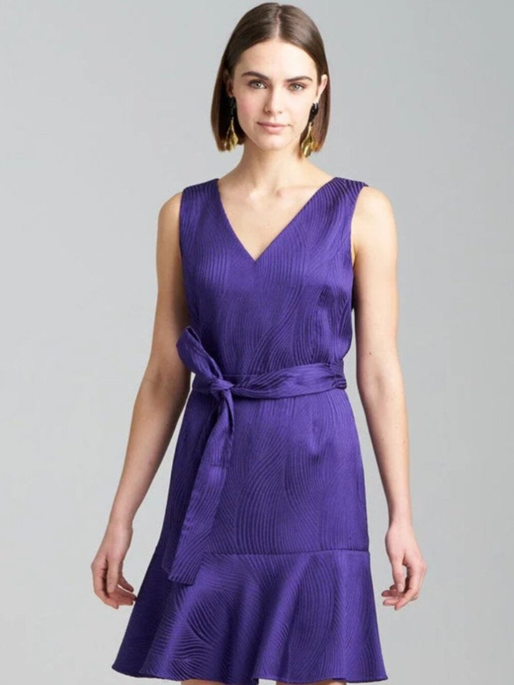 N Natori Scroll Jacquard Ruffle Dress in Deep Purple, women's size 6. NWT
